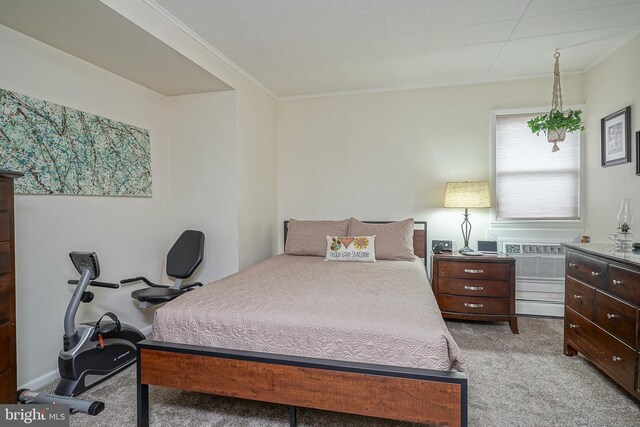 bedroom with crown molding and light colored carpet