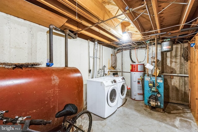 laundry room featuring water heater and washing machine and clothes dryer