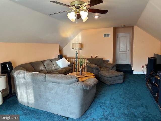 living room featuring dark colored carpet, lofted ceiling, and ceiling fan