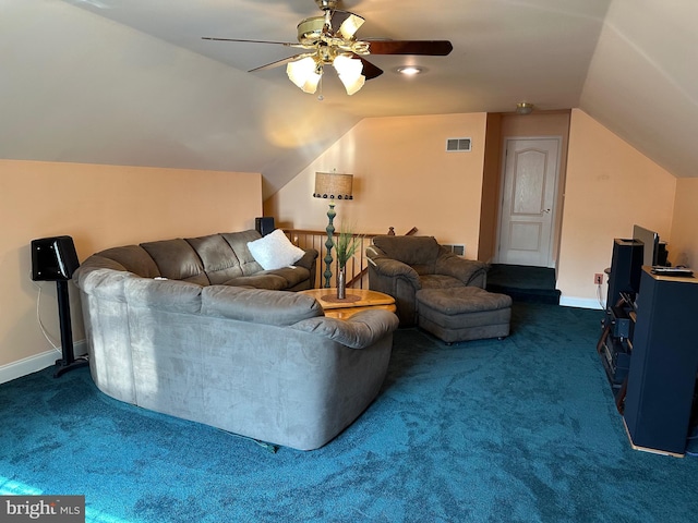 carpeted living room featuring vaulted ceiling and ceiling fan