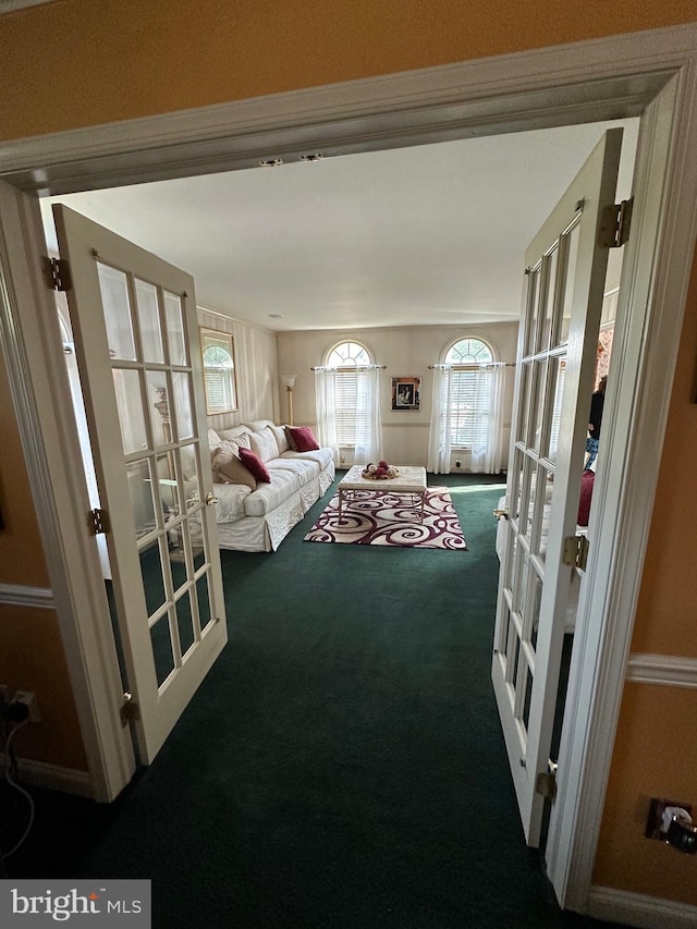 bedroom featuring french doors and carpet