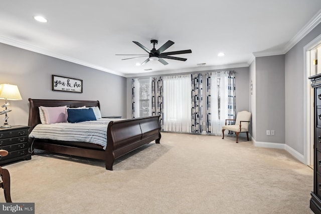 bedroom featuring light carpet, crown molding, and ceiling fan