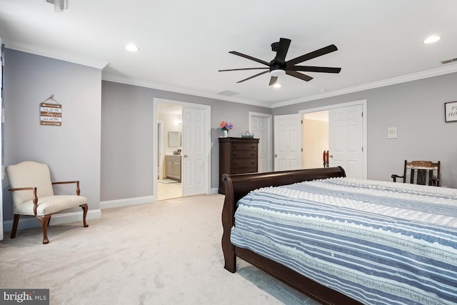 carpeted bedroom with crown molding, ensuite bath, and ceiling fan