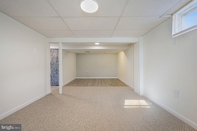 basement with carpet floors and a drop ceiling