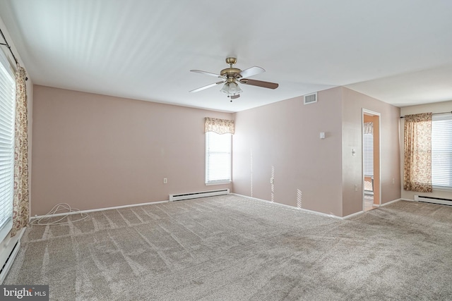 carpeted spare room with ceiling fan and baseboard heating