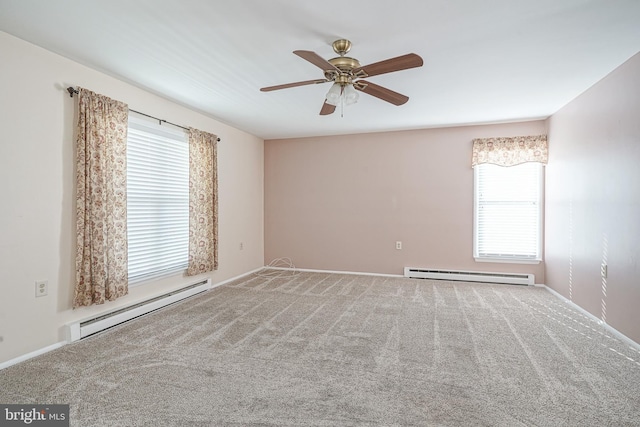 empty room featuring ceiling fan, a baseboard radiator, and carpet