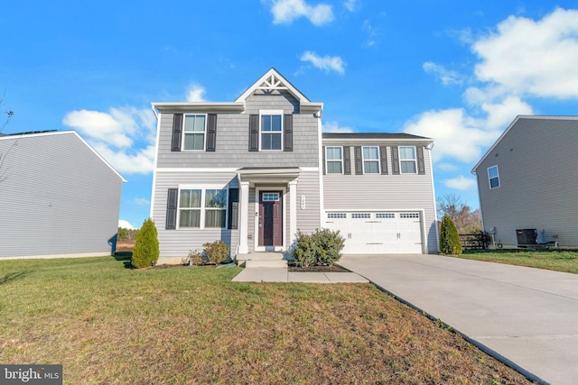 view of front of home featuring a garage, a front lawn, and central air condition unit