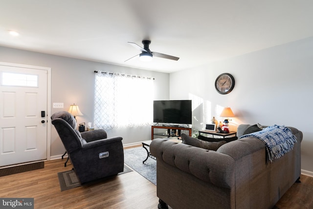 living room with ceiling fan and hardwood / wood-style floors