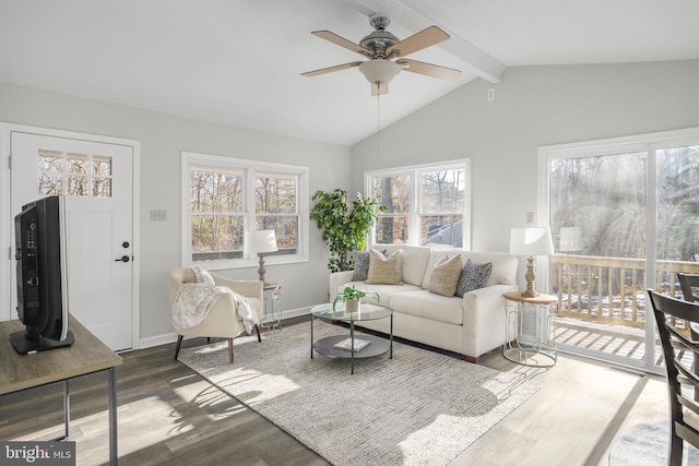 living room featuring dark hardwood / wood-style floors, vaulted ceiling with beams, and ceiling fan