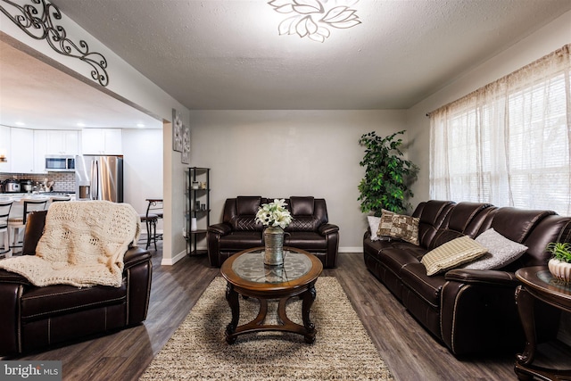 living room with dark hardwood / wood-style flooring and a textured ceiling