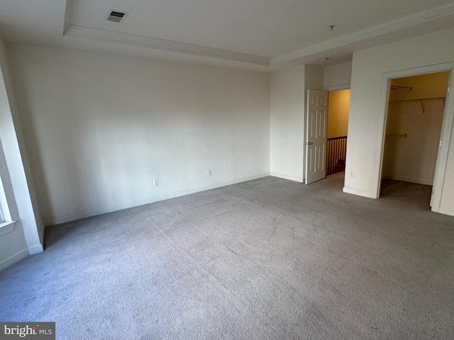 unfurnished bedroom featuring a spacious closet, a raised ceiling, and carpet