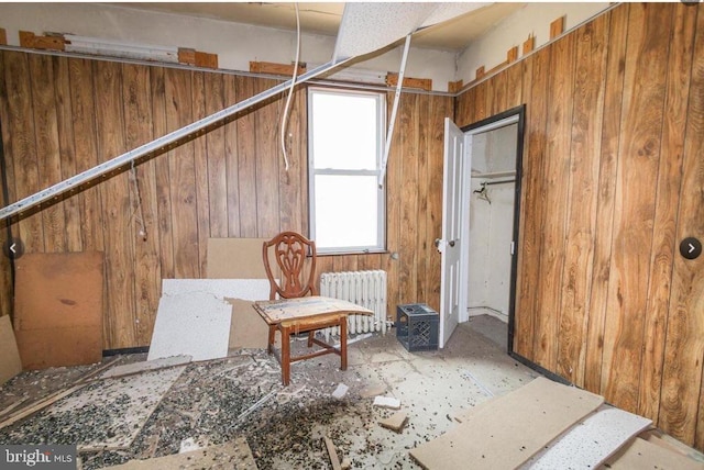 interior space featuring radiator heating unit and wood walls