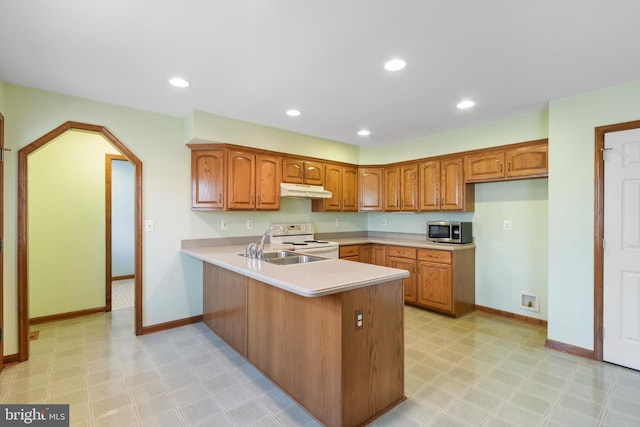 kitchen with sink, electric range, and kitchen peninsula