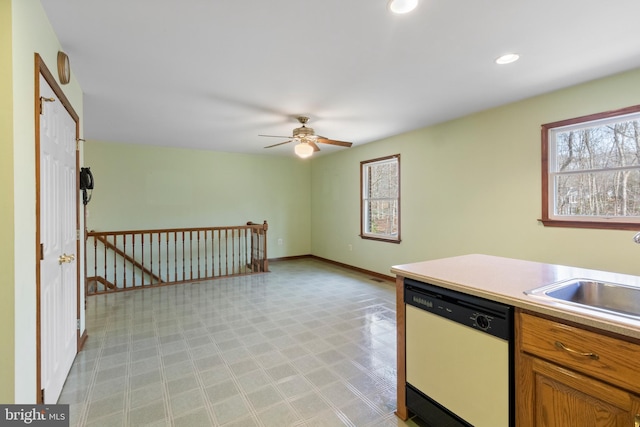 kitchen with white dishwasher, sink, and ceiling fan