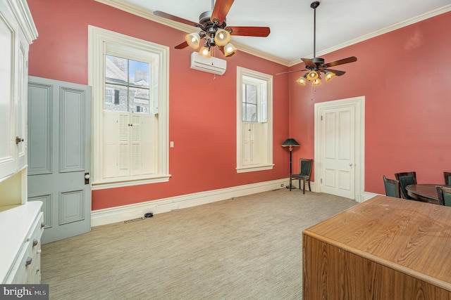 office with crown molding, light colored carpet, ceiling fan, and a wall unit AC