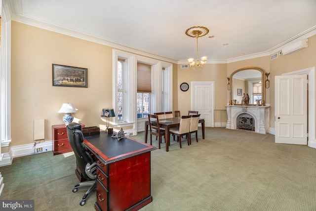 office with crown molding, a notable chandelier, and dark colored carpet