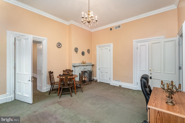 carpeted office featuring crown molding and a chandelier