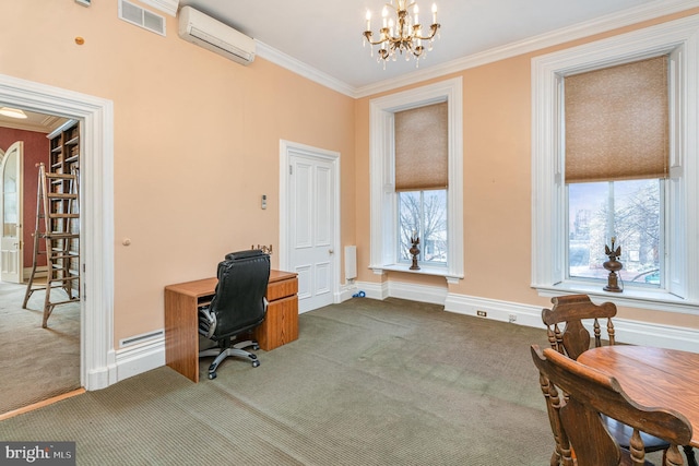 office space with an inviting chandelier, crown molding, a wall mounted AC, and carpet