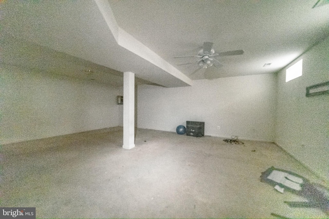 basement with ceiling fan