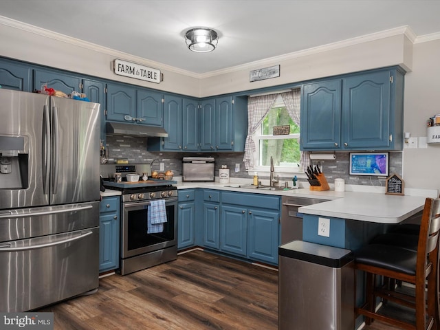 kitchen with blue cabinetry, sink, crown molding, dark hardwood / wood-style flooring, and stainless steel appliances