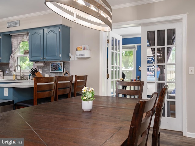 dining room featuring sink, ornamental molding, and dark hardwood / wood-style floors