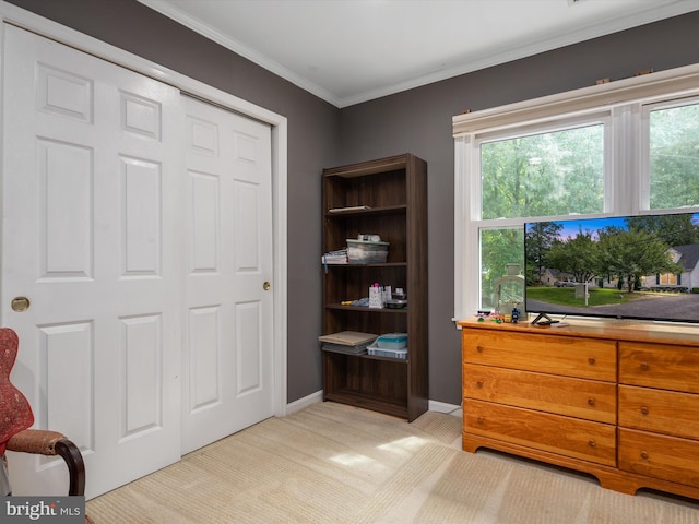 living area featuring crown molding and light colored carpet