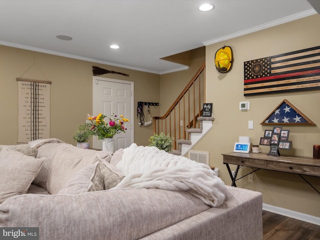 living room with crown molding and dark hardwood / wood-style flooring