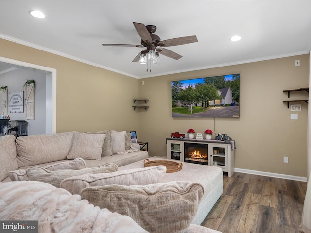 living room featuring ornamental molding, ceiling fan, and dark hardwood / wood-style flooring