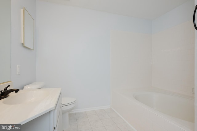 full bathroom with toilet, tile patterned floors, baseboards, and vanity