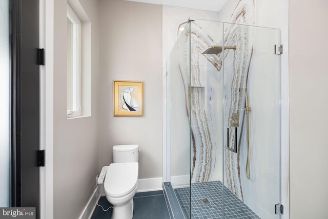 bathroom featuring walk in shower, toilet, and tile patterned flooring