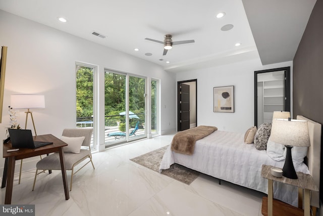 bedroom featuring access to exterior and ceiling fan