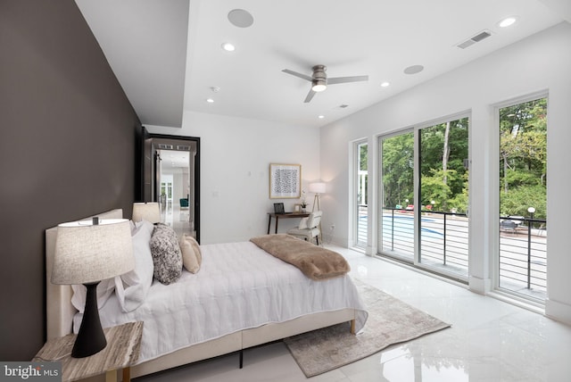 bedroom featuring access to outside and ceiling fan