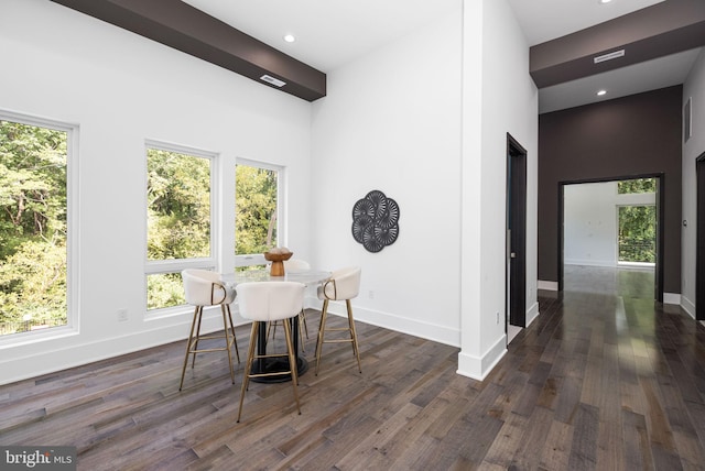 dining room with dark hardwood / wood-style flooring and a towering ceiling