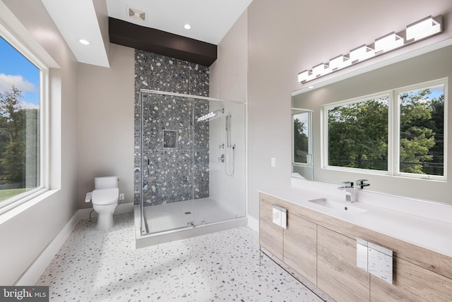 bathroom with vanity, toilet, and a shower with door