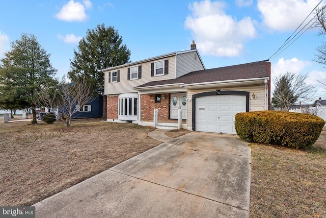 front facade with a garage and a front lawn