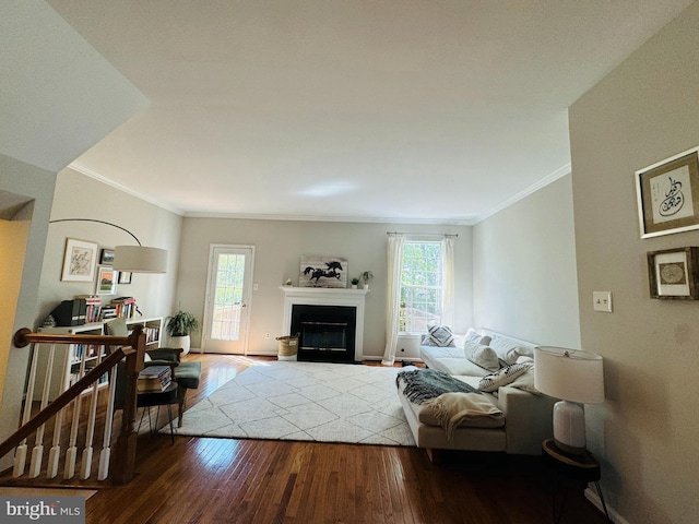 living room featuring crown molding, hardwood / wood-style flooring, and plenty of natural light