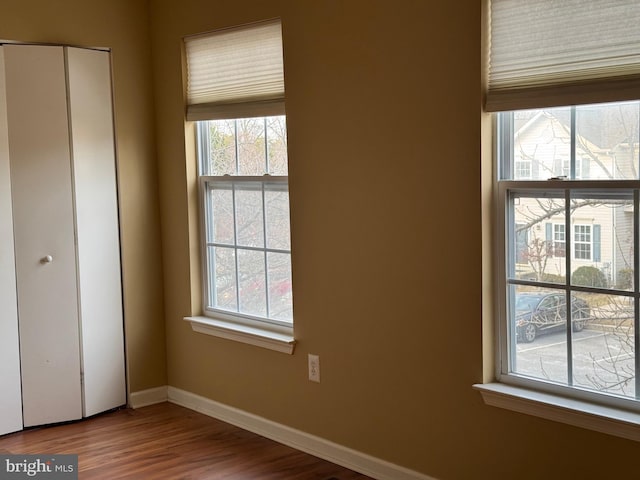 unfurnished bedroom with multiple windows, wood-type flooring, and a closet