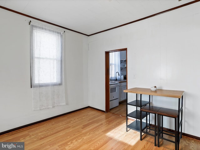 unfurnished room with ornamental molding, sink, and light hardwood / wood-style flooring