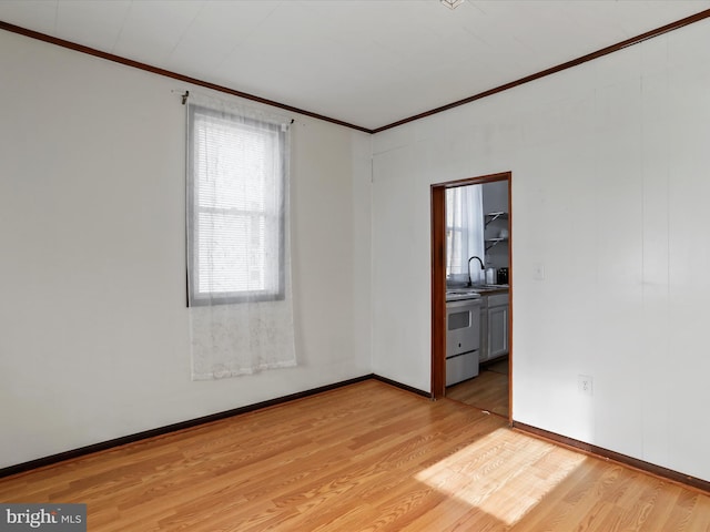 unfurnished room featuring crown molding, sink, and light wood-type flooring