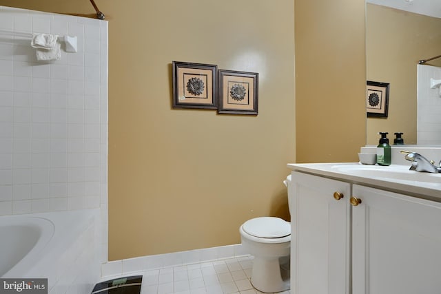 full bathroom featuring vanity, toilet, tiled shower / bath combo, and tile patterned flooring