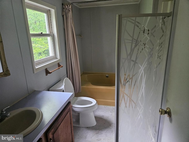 full bathroom with vanity, toilet, and shower / bath combo with shower curtain