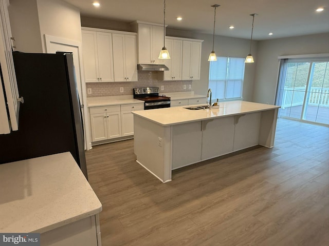 kitchen with appliances with stainless steel finishes, pendant lighting, sink, white cabinets, and a center island with sink