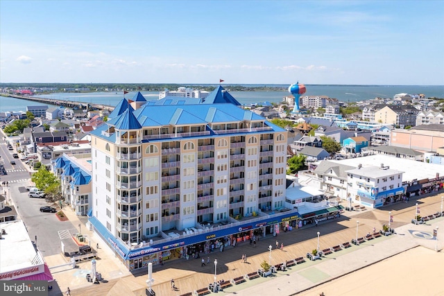 drone / aerial view featuring a water view