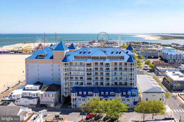 drone / aerial view featuring a water view