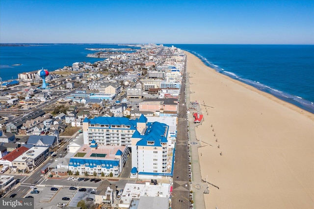 aerial view featuring a beach view and a water view