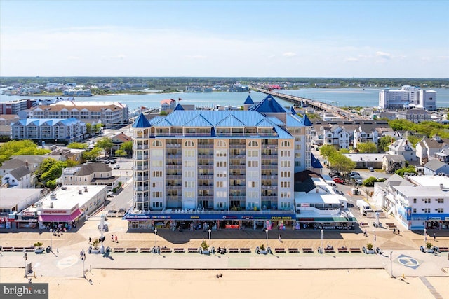 bird's eye view with a water view