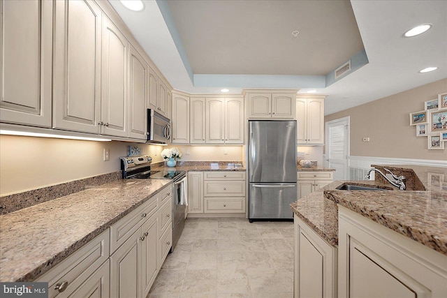 kitchen featuring light stone counters, stainless steel appliances, a tray ceiling, and sink