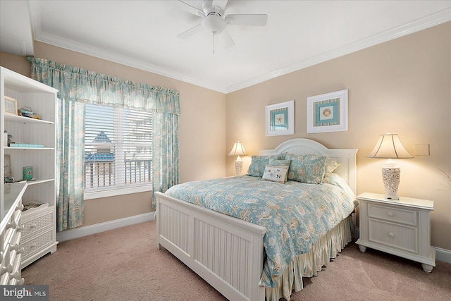 bedroom with ornamental molding, light carpet, and ceiling fan