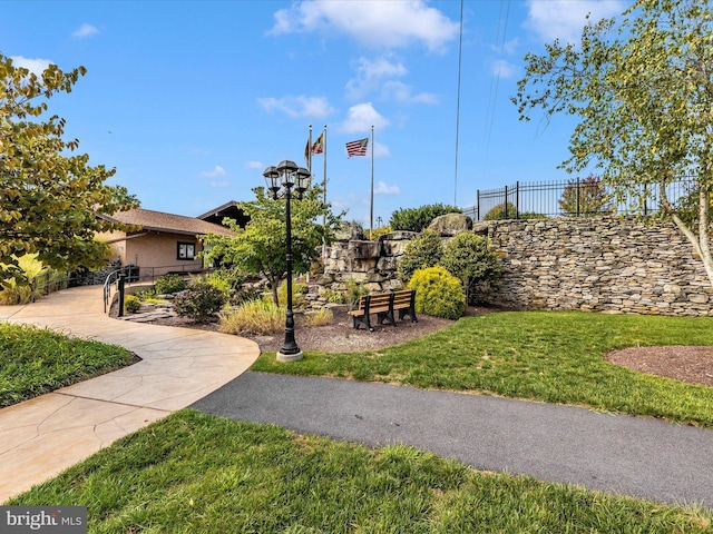 view of property's community with a lawn