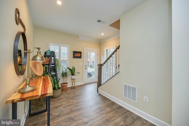 foyer entrance with crown molding and dark wood-type flooring